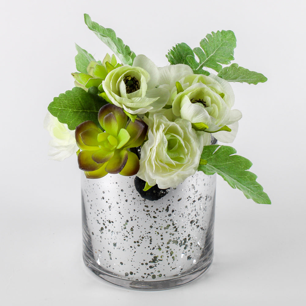 10 Ranunculus & Lilac Silk Flower Arrangement w/Glass Vase