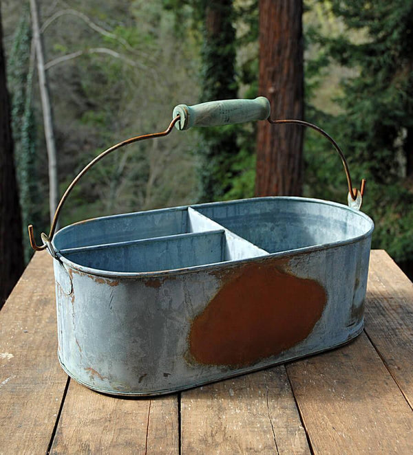 Small Galvanized Metal Oval Bucket with Wood Handle